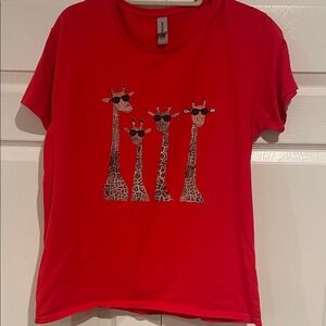 Gildan Red Tee with Sunglasses Giraffe Graphic